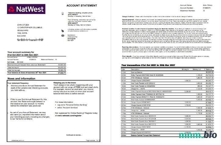 United Kingdom Monzo wzór wyciągu bankowego w formacie Word i PDF format (3 strony), good for address prove